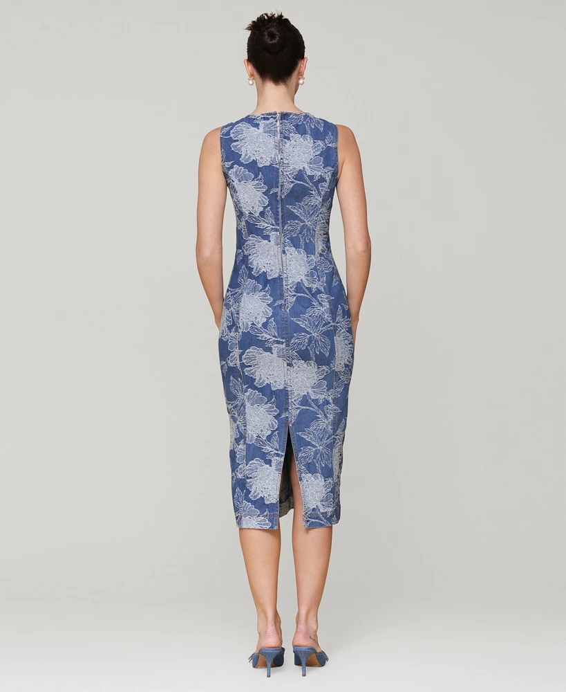 Avec Les Filles Women's Embroidered Floral Denim Midi Dress