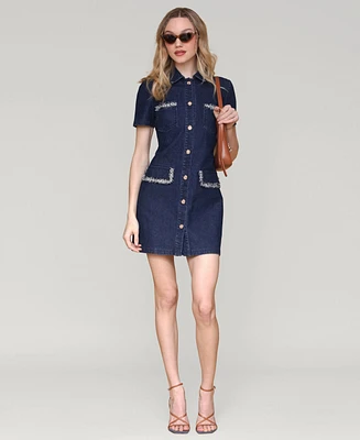 Avec Les Filles Women's Collared Button-Front Mini Denim Dress
