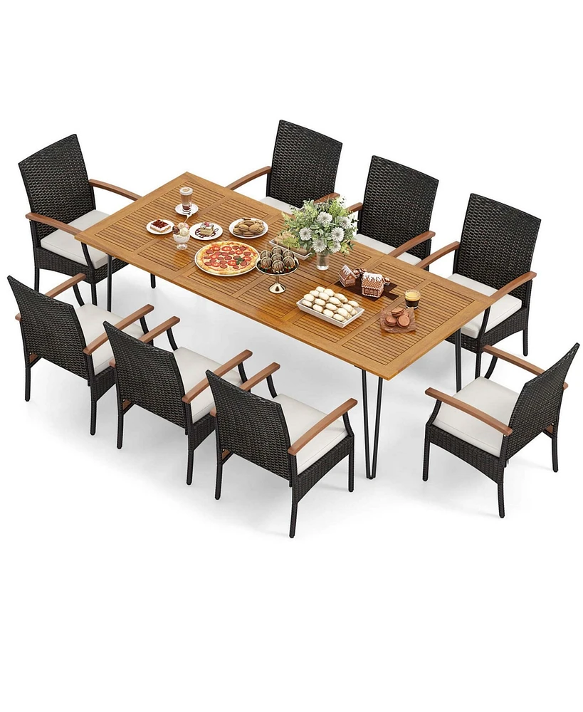 9 Pcs Outdoor Patio Dining Set Armchairs Set of 8 and Acacia Wood Square Table
