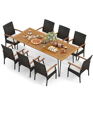 9 Pcs Outdoor Patio Dining Set Armchairs Set of 8 and Acacia Wood Square Table