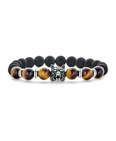 Bling Jewelry Set of 2 Wolf Face Natural Onyx Lapis and Tiger Eye Bead Stretch Bracelet Gold Plated