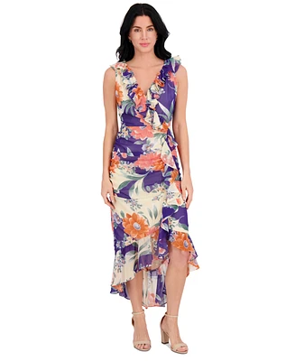 kensie Women's Printed Ruffled High-Low Maxi Dress