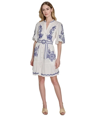 Eliza J Petite Embroidered Belted Button-Front Cotton Dress