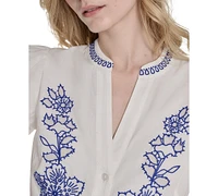 Eliza J Petite Embroidered Belted Button-Front Cotton Dress