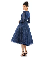 Women's Long Sleeve Embroidered Tea Length Dress