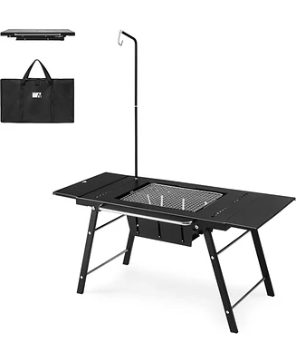 Naturehike Portable Igt Table with Charcoal Grill, Folding Camping Table and Bbq Grill with Desk Extension & Lantern Stand
