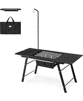 Naturehike Portable Igt Table with Charcoal Grill, Folding Camping Table and Bbq Grill with Desk Extension & Lantern Stand