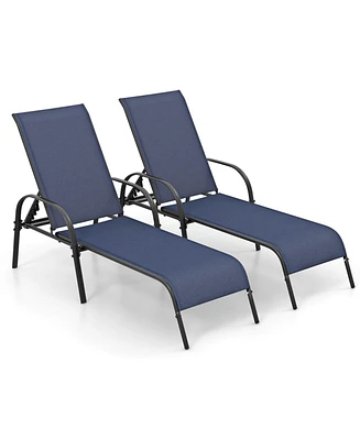 2 Pcs Patio Lounge Chair Chaise Adjustable Reclining Armrest