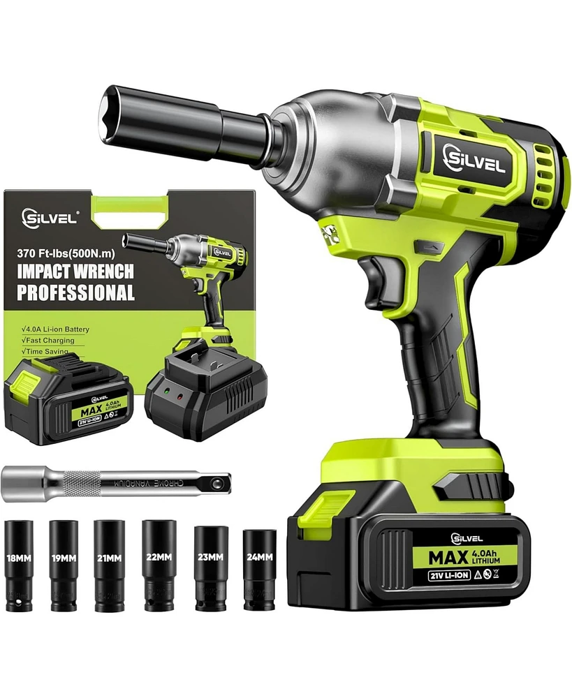 Silvel Cordless Impact Wrench, Max 500N.m Brushless Gun 1/2 inch, 4.0Ah Battery, 6 Sockets