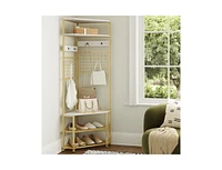 Corner Hall Tree with 5-Tier Shelves and Shoe Bench for Entryway Organization