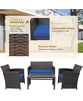 4PCS Patio Rattan Furniture Set Cushioned Chair Sofa Coffee Table
