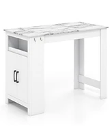 Bar Table Faux Marble Pub Table with 7 Hanging Hooks and Storage Compartment for Home Bar