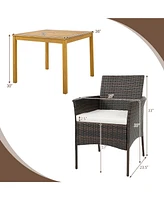 Gymax 5 Pcs Patio Dining Set Acacia Wood Table w/ 1.9'' Umbrella Hole Cushioned Chairs