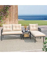 Gymax 3-Piece L Shaped Patio Furniture Set w/Tempered Glass Table Back & Seat Cushions