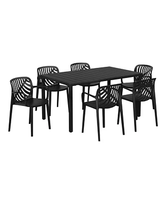 7-Piece Outdoor Metal Rectangle Patio Dining Table Set With Stackable Resin Chairs