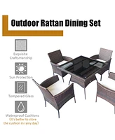 Gymax 5PCS Rattan Patio Dining Table Set Outdoor Furniture Set w/ 4 Seat Cushions