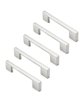 Cauldham 5 Pack Solid Kitchen Cabinet Pulls Handles (3-5/8" Hole Centers) - Modern Thin Profile Drawer/Door Hardware - Style M255 - Satin Nickel