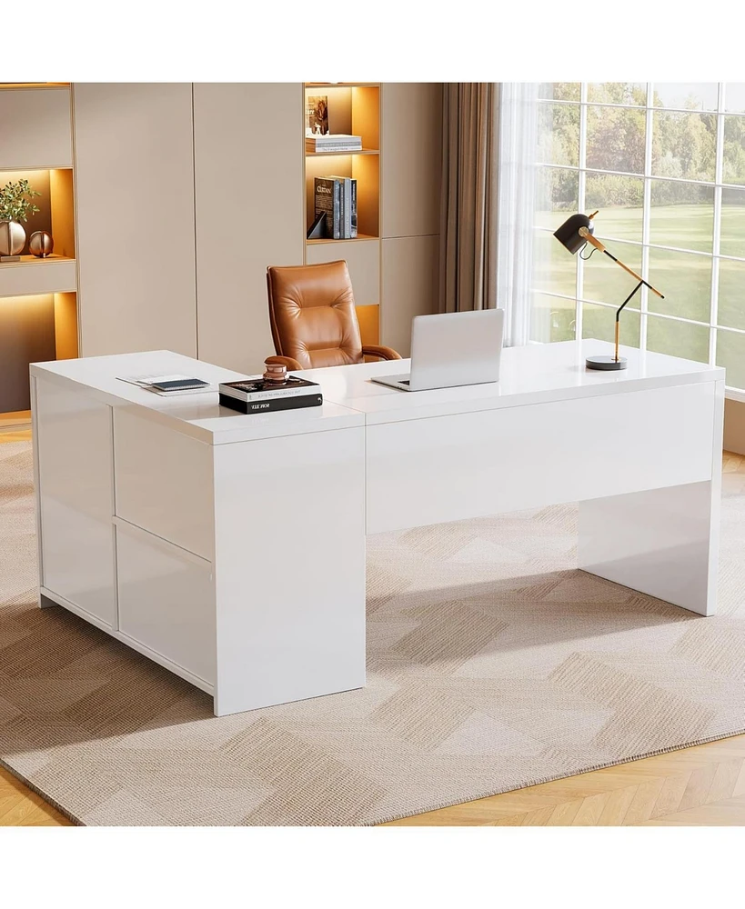 Tribesigns L-Shaped Executive Office Desk, Computer Desk with 3 Drawers, Modern Corner Home Office Executive Desk with Led Lights and 2 Storage Shelve