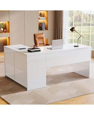 Tribesigns L-Shaped Executive Office Desk, Computer Desk with 3 Drawers, Modern Corner Home Office Executive Desk with Led Lights and 2 Storage Shelve