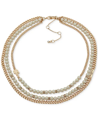 Karl Lagerfeld Paris Gold-Tone Pave & Imitation Pearl Layered Collar Necklace, 16" + 3" extender