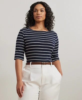 Lauren Ralph Plus Striped Cotton Boatneck T-Shirt