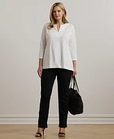 Lauren Ralph Women's Plus Split-Neck Three-Quarter Sleeve Cotton Tunic