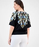 Jm Collection Women's Printed Split-Neck Banded Bottom Top