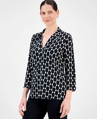 Jm Collection Women's Printed Collared 3/4-Sleeve Top