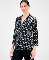 Jm Collection Women's Printed Collared 3/4-Sleeve Top