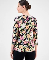 Jm Collection Women's Printed 3/4 Sleeve Scoop-Neck Jacquard Top