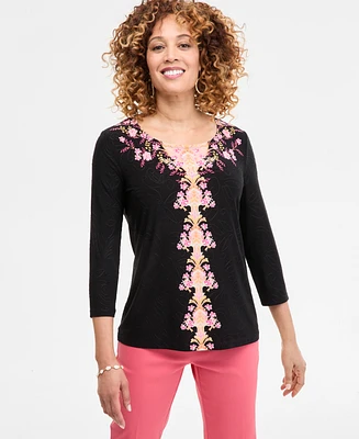Jm Collection Women's Printed 3/4 Sleeve Scoop-Neck Jacquard Top, Exclusively at Macy's