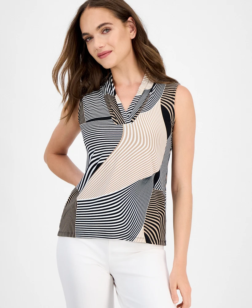 Anne Klein Women's Printed Triple-Pleat V-Neck Top