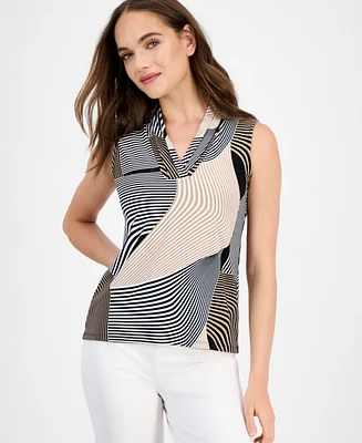 Anne Klein Women's Printed Triple-Pleat V-Neck Top