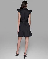 Karl Lagerfeld Paris Women's Flutter-Sleeve Belted Flounce-Hem Dress