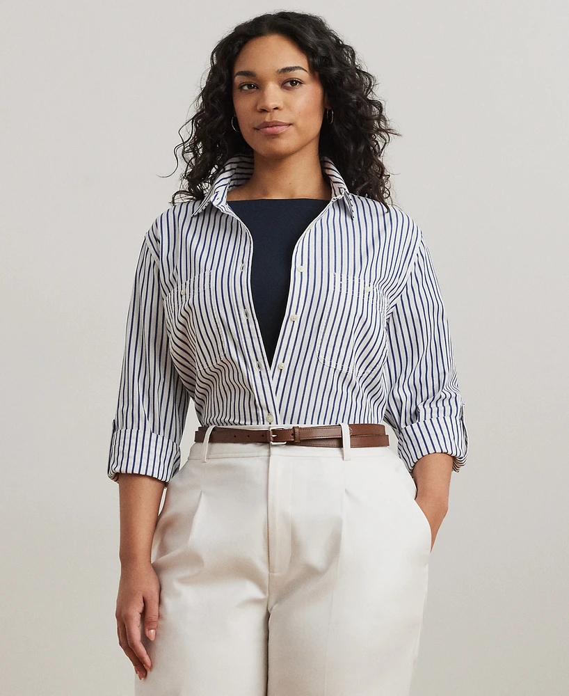 Lauren Ralph Plus Stripe Roll Tab Button-Down Shirt