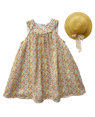Blueberi Boulevard Baby Girls Floral Print Tent Dress and Straw Hat Set