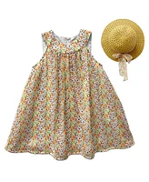 Blueberi Boulevard Baby Girls Floral Print Tent Dress and Straw Hat Set