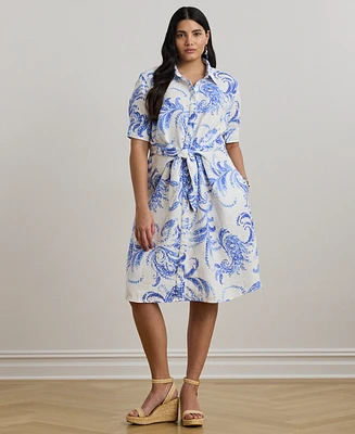 Lauren Ralph Plus Paisley Tie-Front Linen Shirtdress