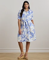 Lauren Ralph Plus Paisley Tie-Front Linen Shirtdress