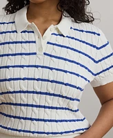 Lauren Ralph Plus Striped Cable-Knit Cotton Polo Sweater