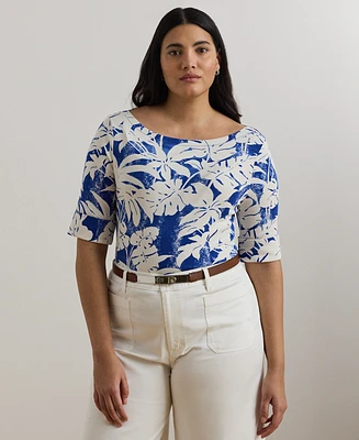Lauren Ralph Plus Palm-Frond-Print Cotton Boatneck Tee