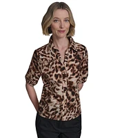 Halston Women's Cotton Printed Elbow-Sleeve Button-Front Blouse