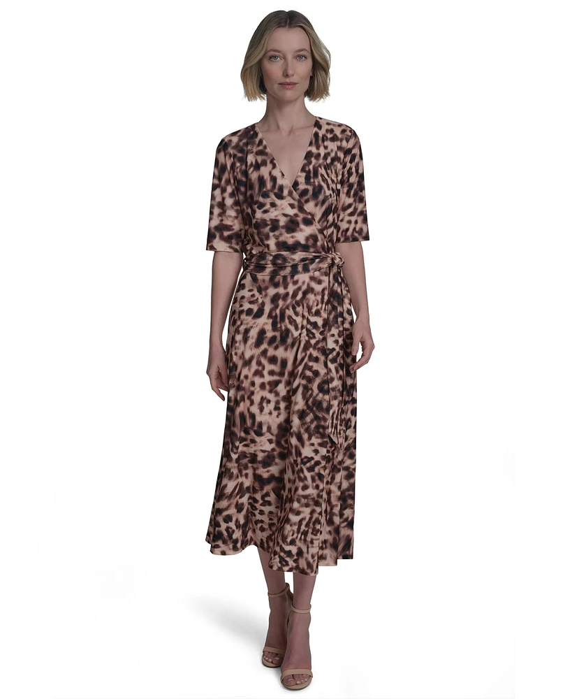 Halston Women's Printed Tie-Waist Faux-Wrap Midi Dress