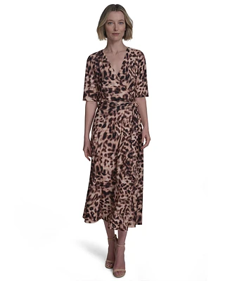 Halston Women's Printed Tie-Waist Faux-Wrap Midi Dress