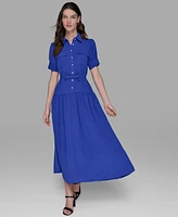 Karl Lagerfeld Paris Women's Belted Puff-Sleeve Midi Shirtdress
