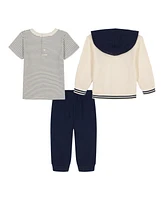Tommy Hilfiger Baby Boys 3-Piece Stripe T-Shirt, Signature Snap-Front Hoodie and Jogger Set