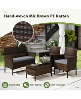 4 Pieces Patio Conversation Set, Patio Pe Rattan Outdoor Set w/