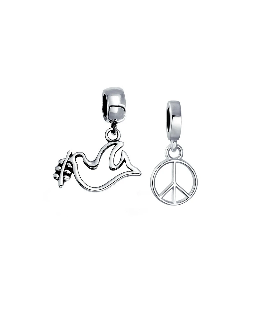 Bling Jewelry Set of 2 Inspirational World Peace Sign & Dove Dangle Charm Bead Sterling Silver for European Bracelets