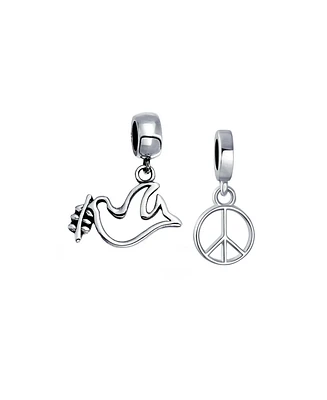 Bling Jewelry Set of 2 Inspirational World Peace Sign & Dove Dangle Charm Bead Sterling Silver for European Bracelets