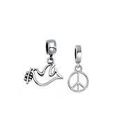 Bling Jewelry Set of 2 Inspirational World Peace Sign & Dove Dangle Charm Bead Sterling Silver for European Bracelets